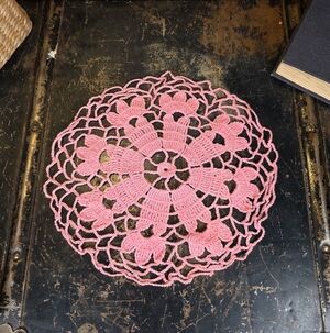 Vintage Pink Crocheted Doily 9" | Handmade Flower Motif Lace Table Mat Decor